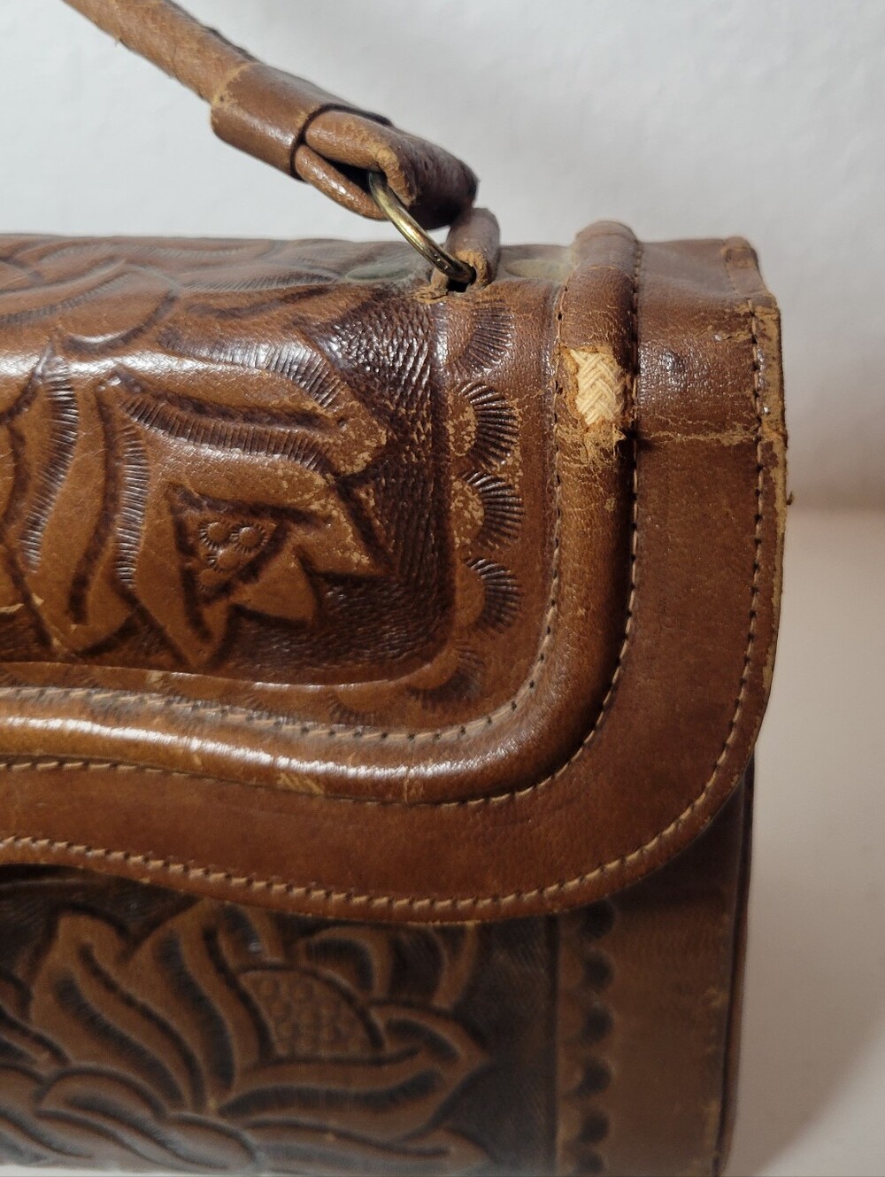 Vintage Tooled Leather Satchel Purse Flores Bags Brown Boho Western Mexico Read - Picture 10 of 11